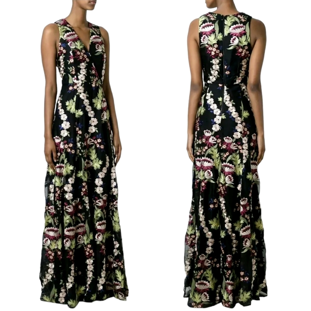 Alice + Olivia Embroidered Surplice Maxi Gown Dress Sz 2
